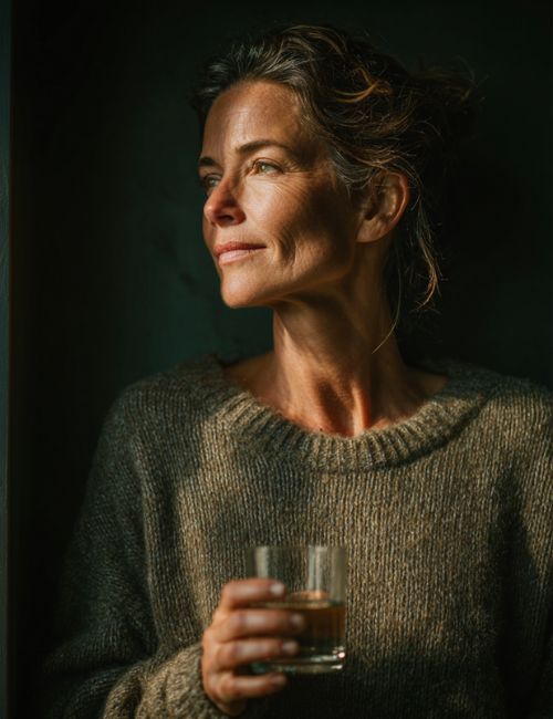 Kobieta w swetrze trzyma szklankę z napojem, patrząc w bok w ciepłym świetle.