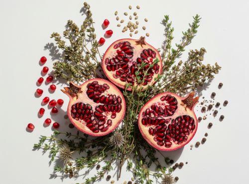 Składniki zestawu Statin Protect Biowen – granat i zioła ułożone dekoracyjnie na białej powierzchni.