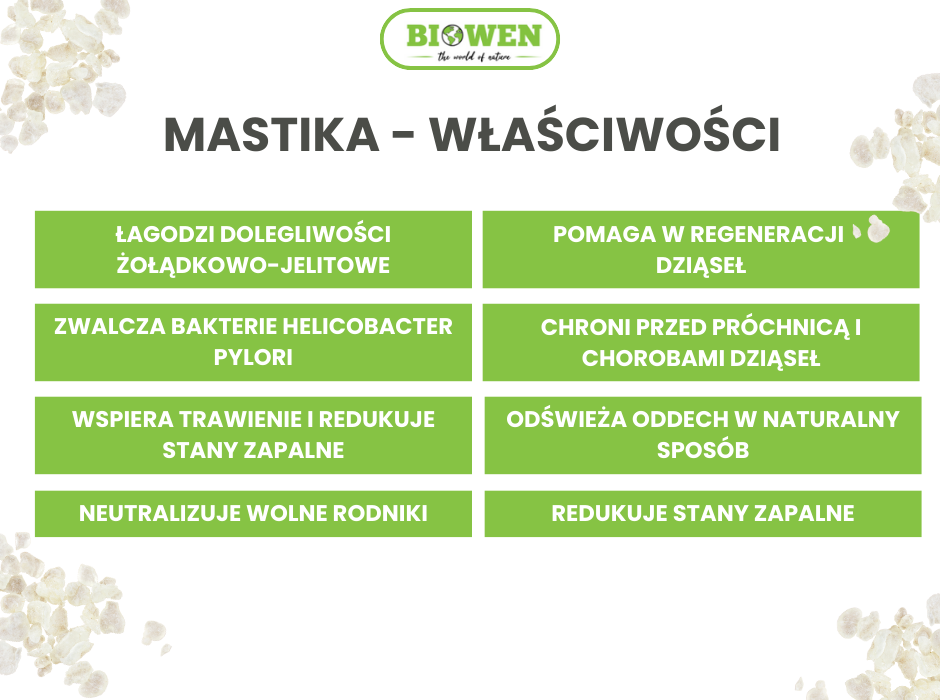 Mastika właściwości - infografika