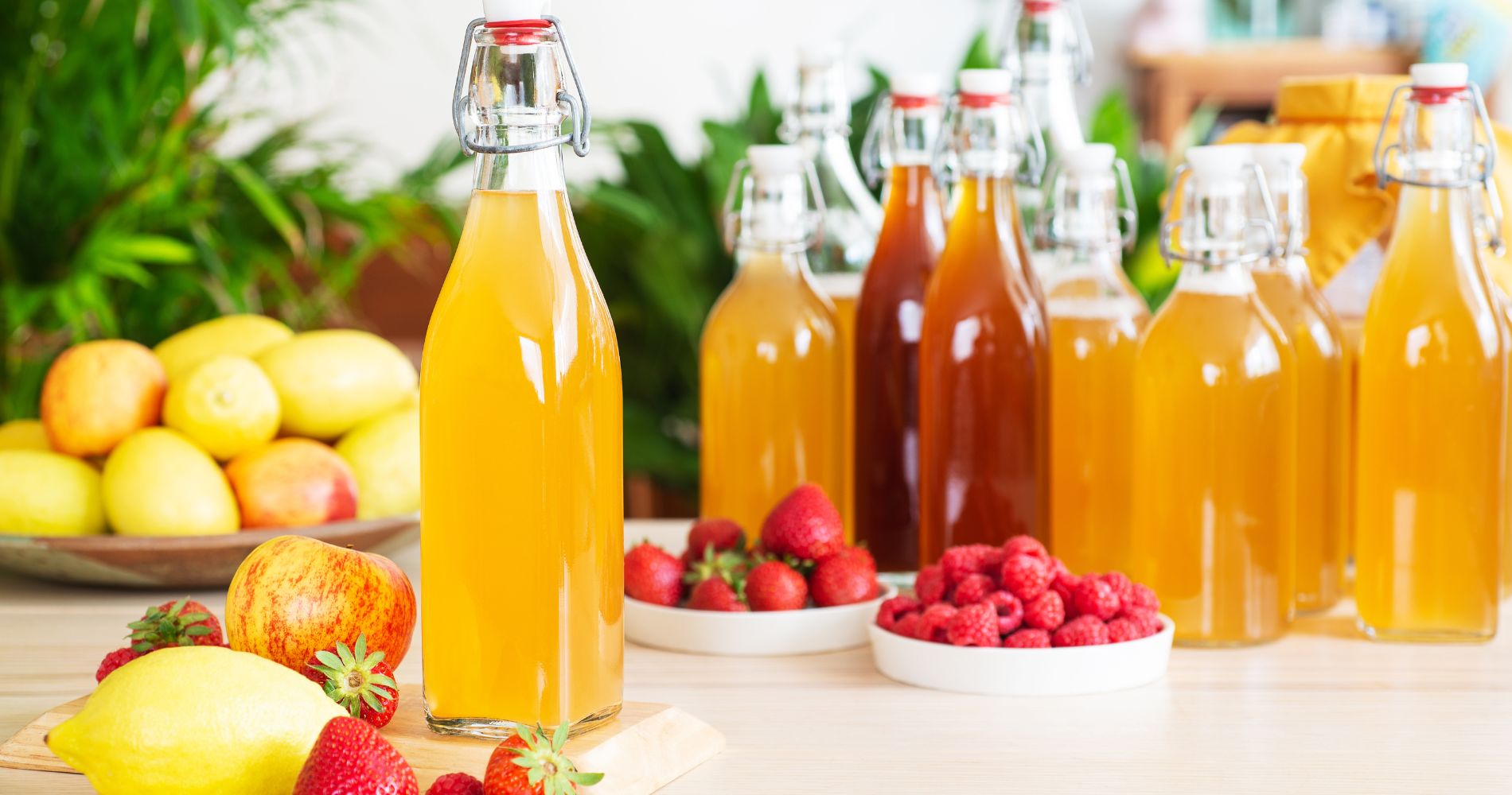 Domowej roboty kombucha w szklanych butelkach z owocami – naturalny napój wspierający trawienie i odporność.